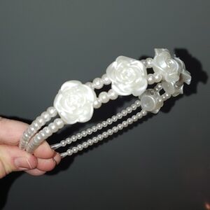 New handmade boutique pearl flower rose flexible headband prom wedding white